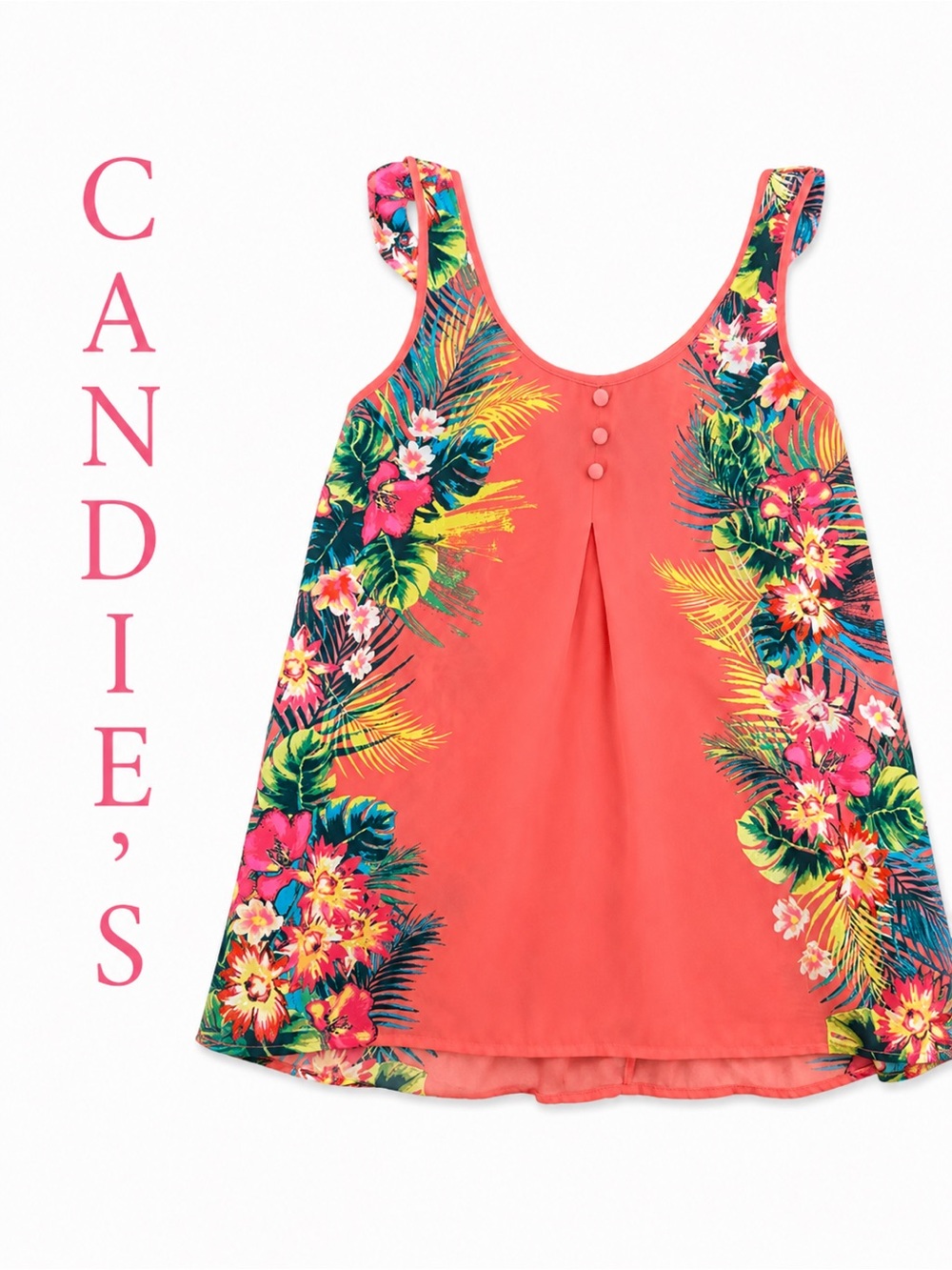 Candie’s Coral Tropical Floral Bow Tank Top Large Bright Summer Blouse